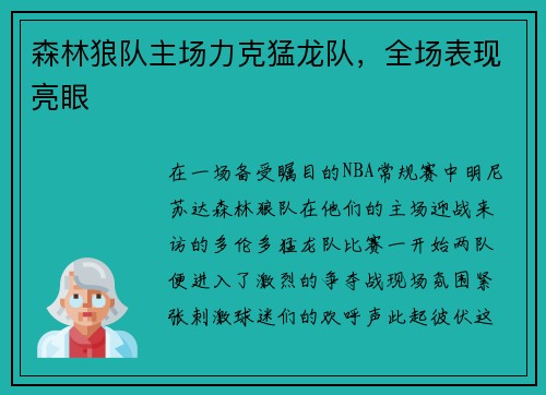 森林狼队主场力克猛龙队，全场表现亮眼